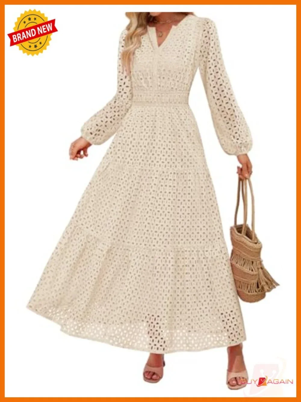 Women's Long Sleeve Eyelet Embroidered Maxi Dress V Neck A-Line Fall